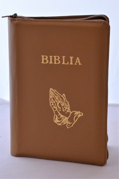 Biblia din piele, medie, maro deschis, fermoar, margini albe, simbolul maini in rugaciune, cuv. lui Isus cu rosu [053]
