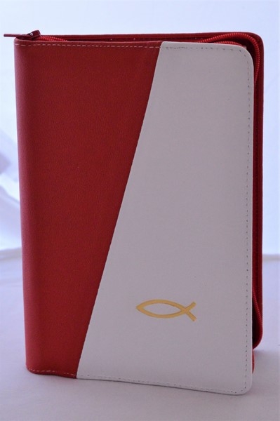 Biblie din piele, marime mica, culoare rosu cu alb, fermoar, margini albe, simbol peste, cuv. lui Isus in rosu [043 PF]