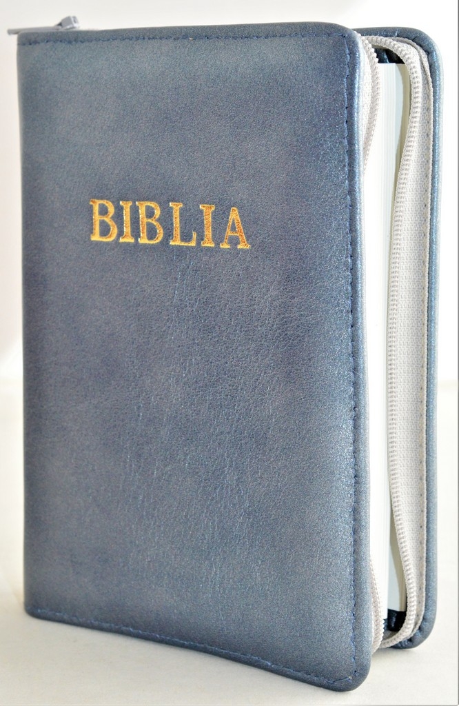 Biblie din piele, mica, culoare gri lunar, fermoar, margini albe, cuv. lui Isus in rosu [043 PF]