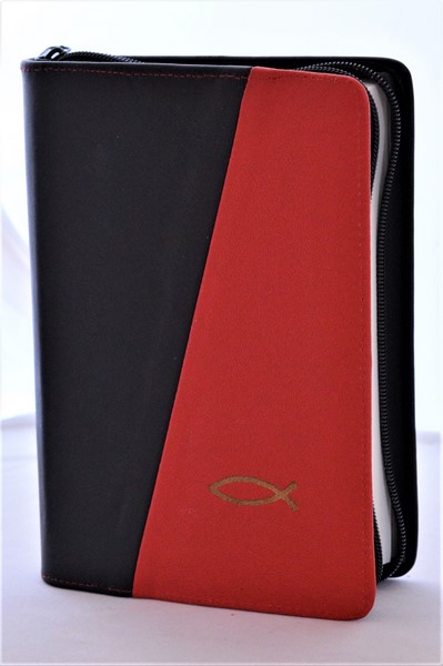 Biblia din piele, marime medie, negru cu rosu , fermoar, simbol peste, cuv. lui Isus cu rosu [053]