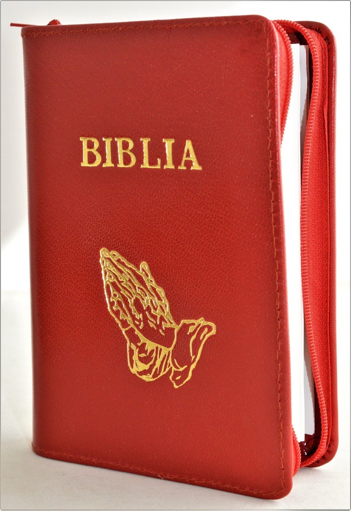 Biblie din piele, mica, culoare rosie, fermoar, margini albe, simbolul maini in ruga, cuv. lui Isus in rosu [043 PF]