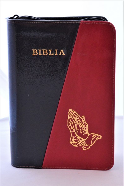 Biblia din piele, marime medie, negru lucios cu rosu inchis , fermoar, simbol maini in ruga, cuv. lui Isus cu rosu [053]