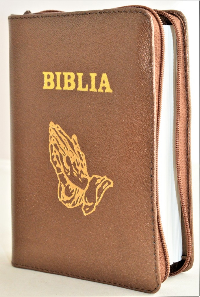 Biblie din piele, mica, aramiu sidefat, fermoar, margini albe, simbolul maini in ruga, cuv. lui Isus in rosu [043 PF]