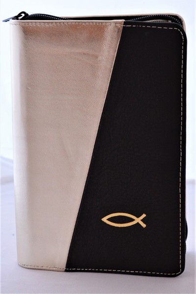 Biblia din piele, marime medie, auriu sidefat cu negru, fermoar, simbol peste, cuv. lui Isus cu rosu [053]