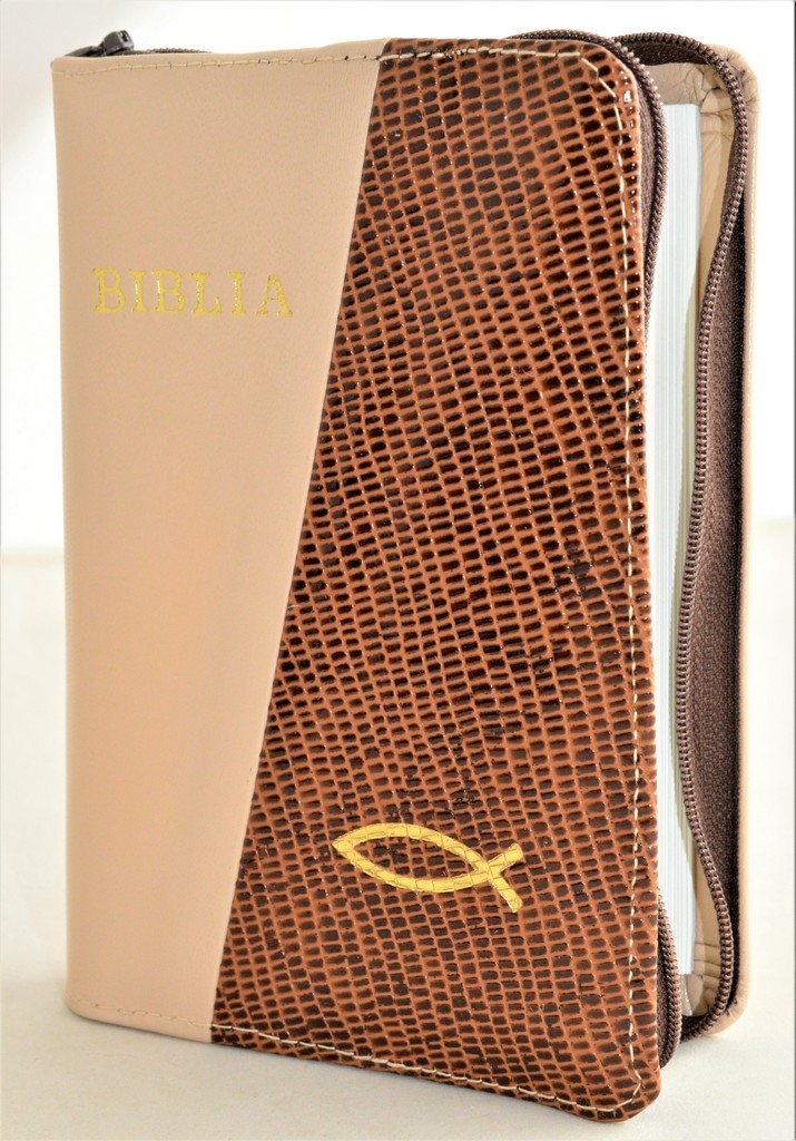 Biblie din piele, mica, culoare bej / maro texturat, fermoar, margini albe, simbolul peste, cuv. lui Isus in rosu [043 PF]