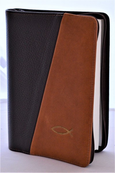 Biblia din piele, marime medie, maro inchis cu maro deschis, fermoar, simbol peste, cuv. lui Isus cu rosu [053]