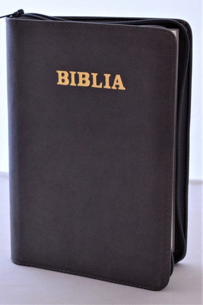 Biblia din piele, marime medie, gri inchis, fermoar, cuv. lui Isus cu rosu [053]