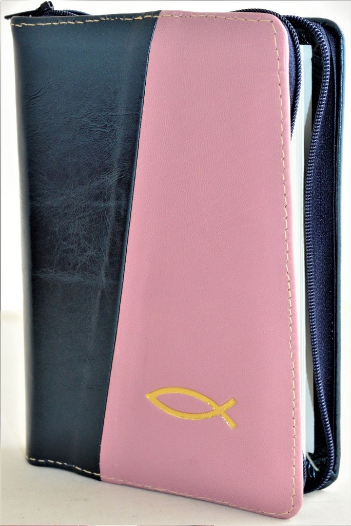 Biblie din piele, mica, culoare bleumarin sidefat / roz incarnat, fermoar, margini albe, simbolul peste, cuv. lui Isus in rosu [043 PF]