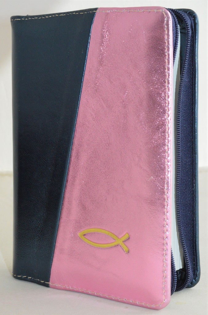 Biblie din piele, mica, culoare bleumarin sidefat / roz sidefat, fermoar, margini albe, simbolul peste, cuv. lui Isus in rosu [043 PF]
