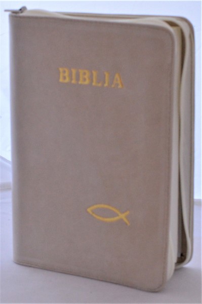 Biblia din piele, marime medie, bej, fermoar, simbol peste, cuv. lui Isus cu rosu [053]