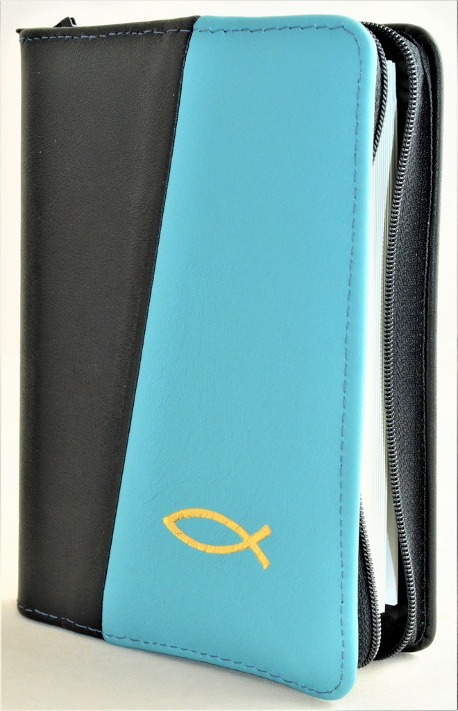 Biblie din piele, mica, culoare negru / turcoaz, fermoar, margini albe, simbolul peste, cuv. lui Isus in rosu [043 PF]