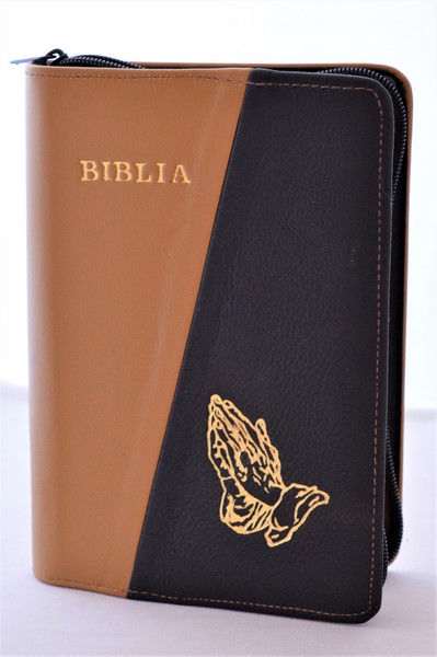 Biblia din piele, marime medie, maro deschis cu negru, fermoar, simbol maini in ruga, cuv. lui Isus cu rosu [053]