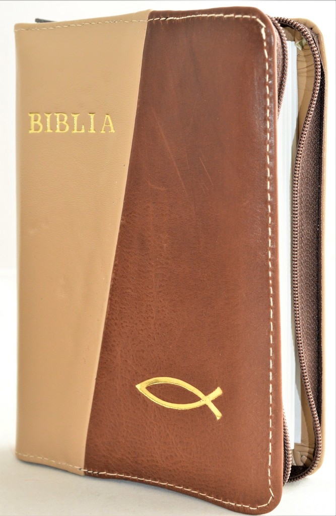 Biblie din piele, mica, culoare bej / maro, fermoar, margini albe, simbolul peste, cuv. lui Isus in rosu [043 PF]