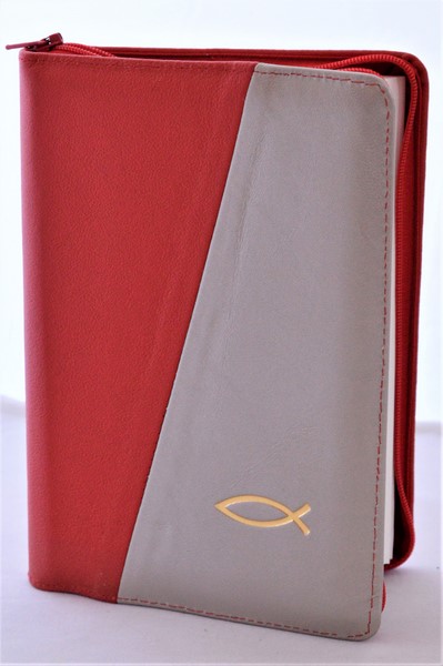 Biblia din piele, marime medie, rosu cu gri metalizat fermoar, simbol peste, cuv. lui Isus cu rosu [053]