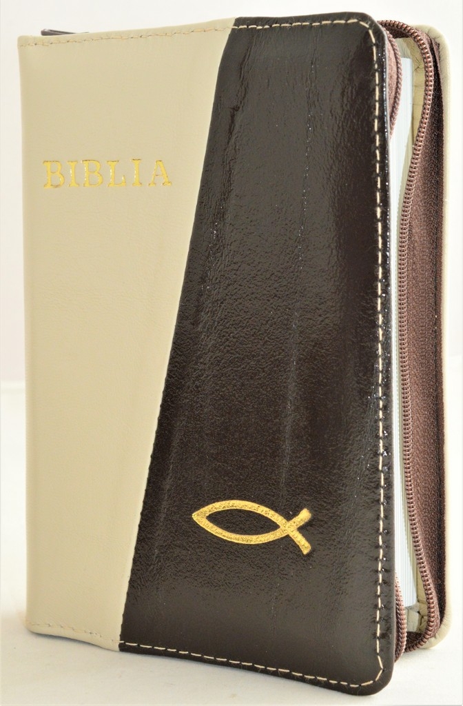 Biblie din piele, mica, culoare nuanta crem / maro inchis, fermoar, margini albe, simbolul peste, cuv. lui Isus in rosu [043 PF]