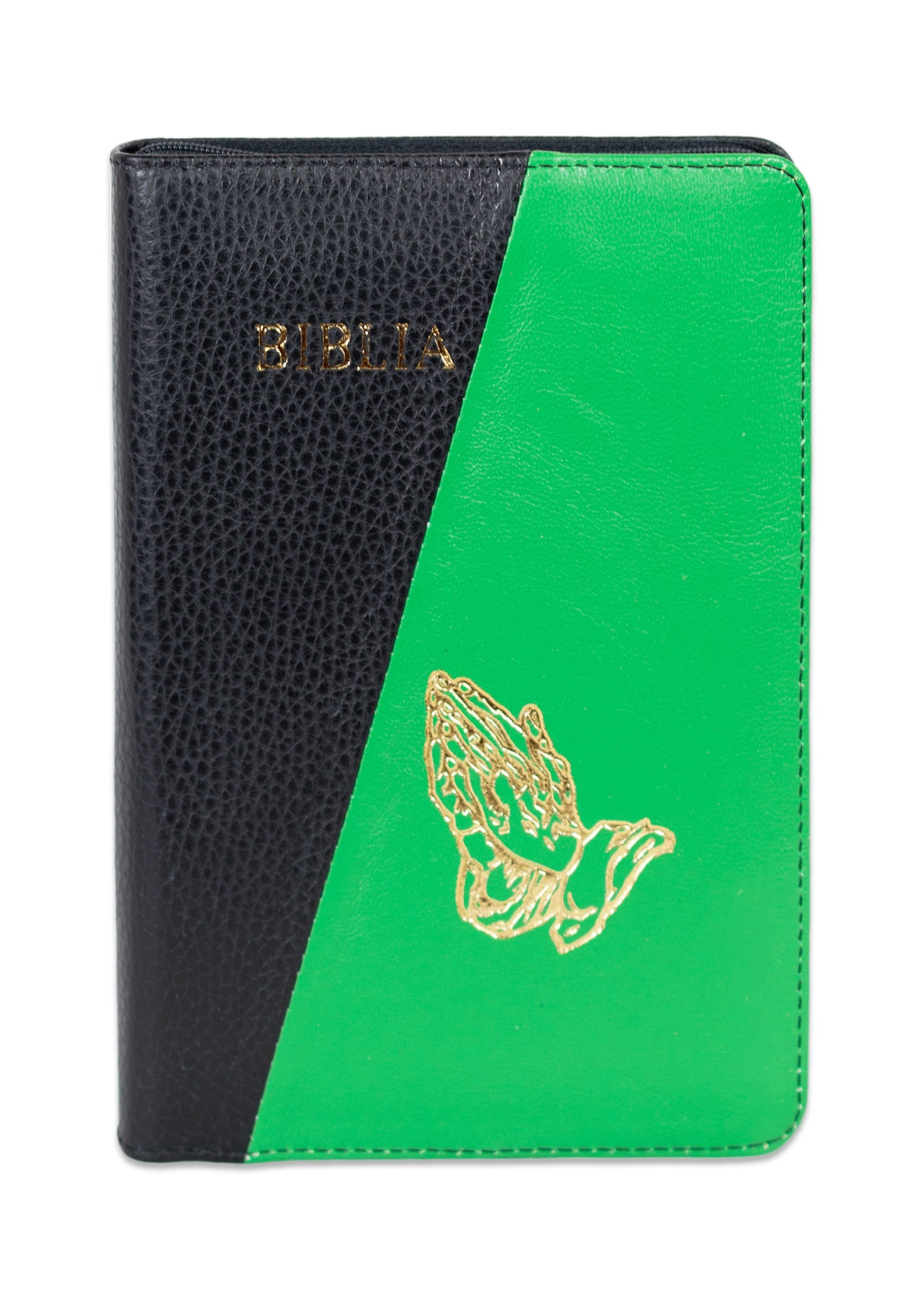 Biblie din piele, marime medie, culoare negru cu verde, simbol maini in rugaciune, fermoar, index, margini aurii, cuv. lui Isus cu rosu [SB 057 PFI]