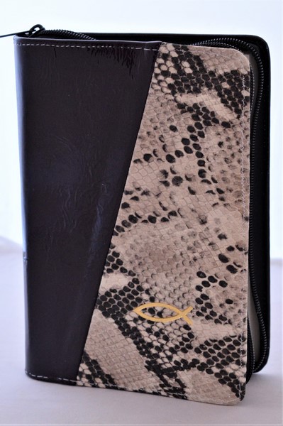 Biblia din piele, marime medie,indigo inchis lucios-nuante de bej cu negru, fermoar, simbol  peste, cuv. lui Isus cu rosu [053]