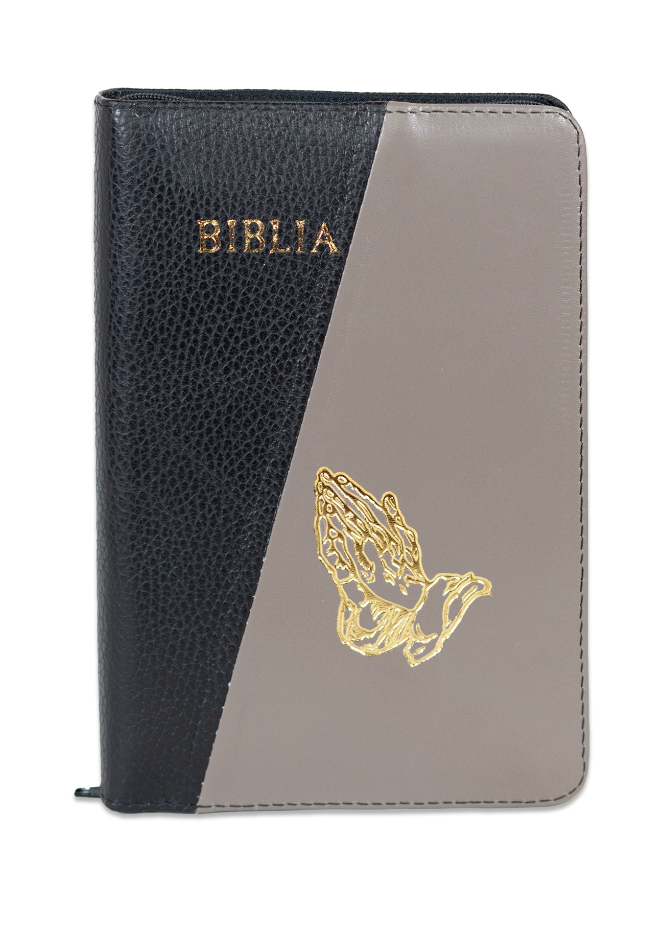Biblie din piele, marime medie, culoare negru cu gri, simbol maini in rugaciune, fermoar, index, margini aurii, cuv. lui Isus cu rosu [SB 057 PFI]