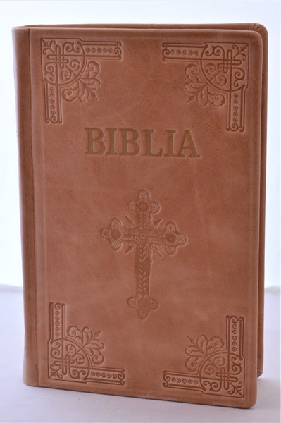 Biblia din piele, handmade, marime mare, maro deschis, margini aurii, simbol cruce, cuv. lui Isus cu rosu [073 HM]
