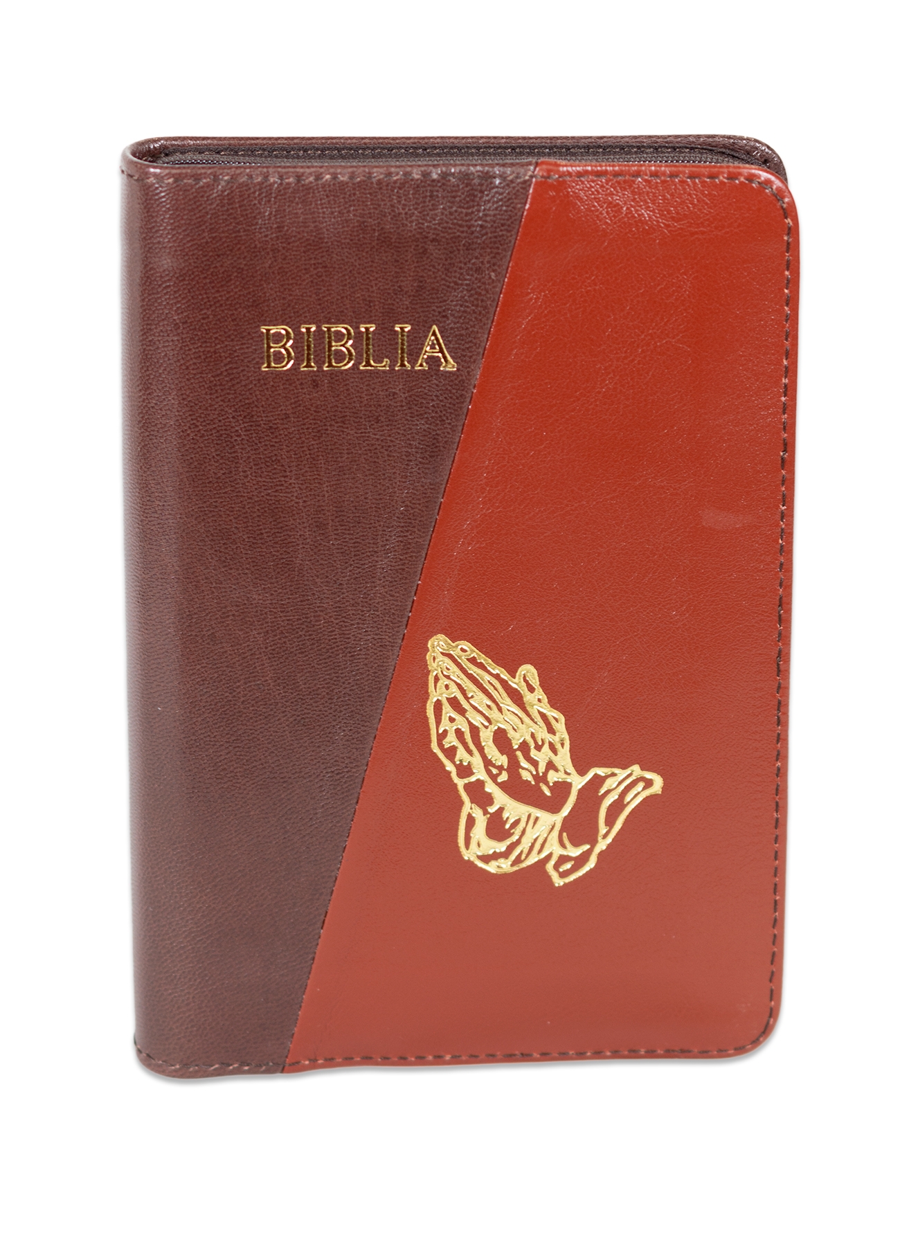Biblie din piele, marime medie, culoare maro inchis cu maro, simbol maini in rugaciune, fermoar, index, margini aurii, cuv. lui Isus cu rosu [SB 057 PFI]