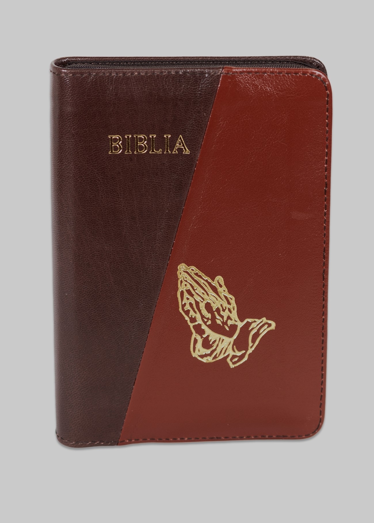 Biblie din piele, marime medie, culoare, maro cu maro roșcat,  fermoar, margini albe, simbol maini in rugaciune, cuv. lui Isus cu rosu [053]