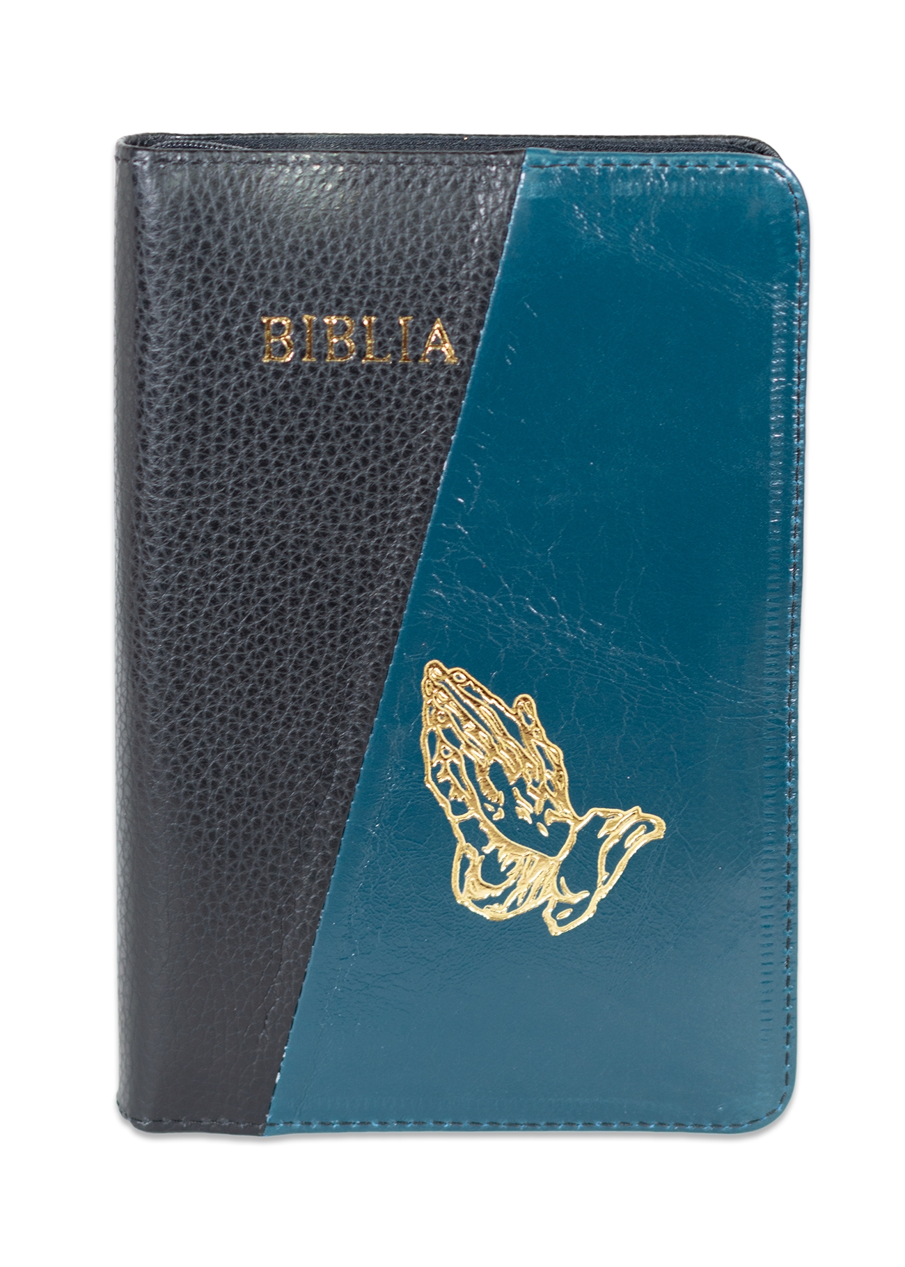 Biblie din piele, marime medie, culoare negru cu albastru smarald, simbol maini in rugaciune, fermoar, index, margini aurii, cuv. lui Isus cu rosu [SB 057 PFI]