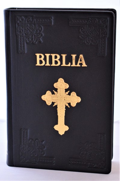 Biblia din piele, handmade, marime mare, negru, margini aurii, simbol cruce, cuv. lui Isus cu rosu [073 HM]