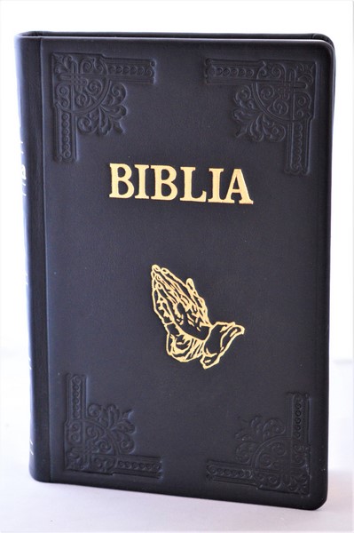 Biblia din piele, handmade, marime mare, negru, margini aurii, simbol maini, cuv. lui Isus cu rosu [073 HM]