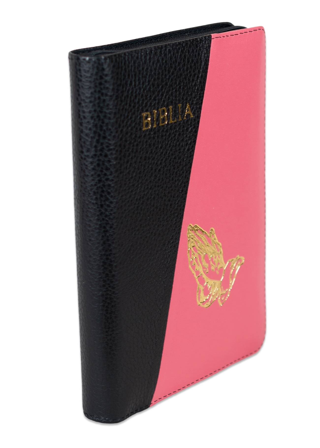 Biblie din piele, marime medie, negru cu roz coral, fermoar, margini albe, simbol maini in rugaciune, cuv. lui Isus cu rosu [053]