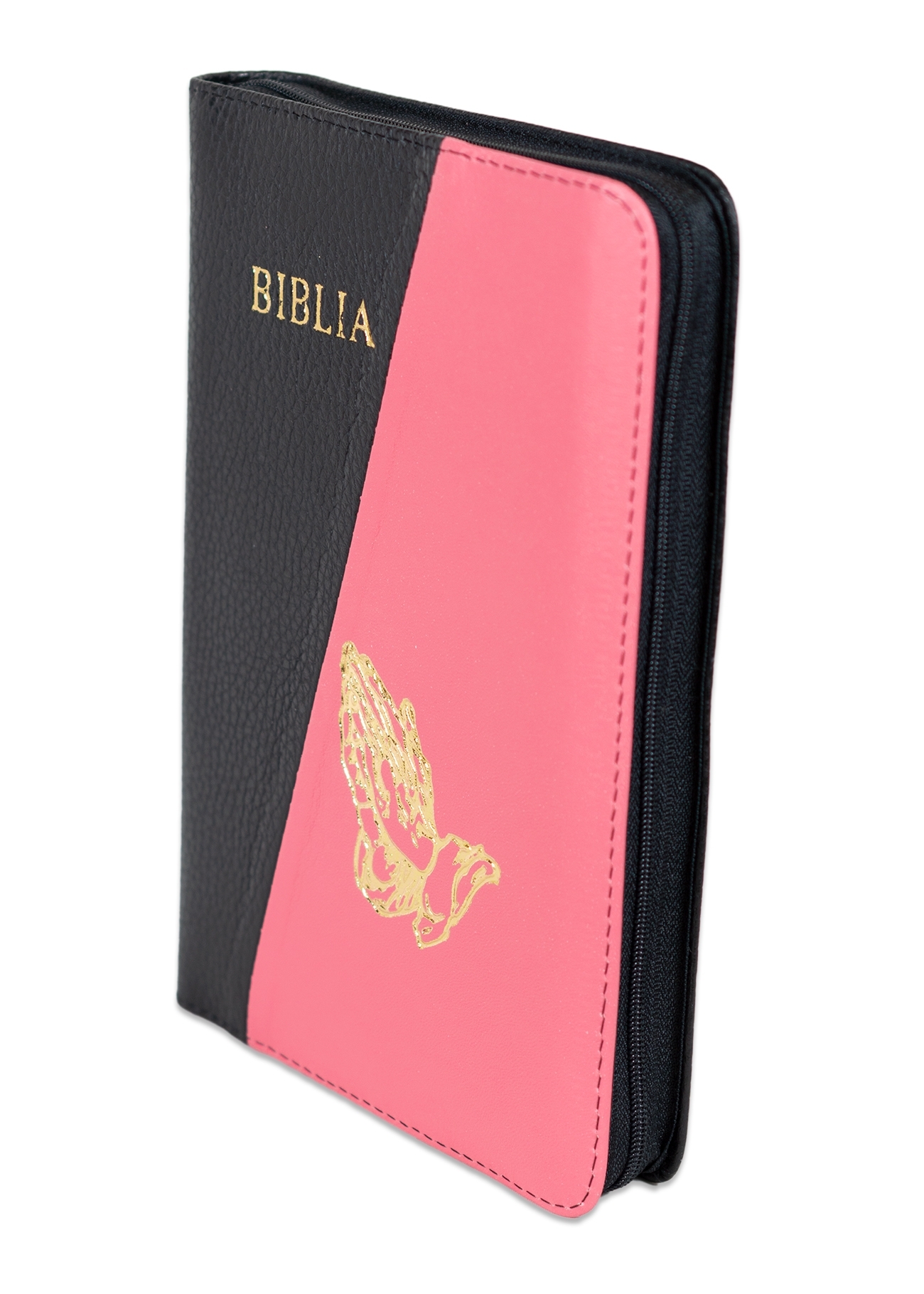 Biblia mica, coperta piele, negru cu roz, index, fermoar, margini aurii, simbolul maini, cuv. lui Isus in rosu [047 PFI]