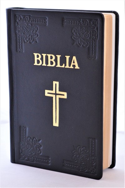 Biblia din piele, handmade, marime mare, negru, margini aurii, simbol cruce, cuv. lui Isus cu rosu [073 HM]