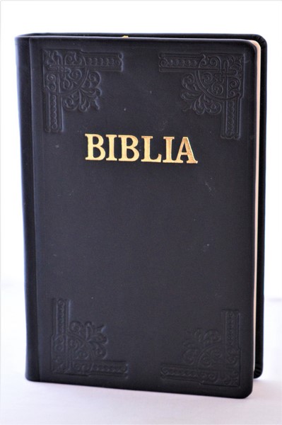 Biblia din piele, handmade, marime mare, negru, margini aurii, simbol simpla, cuv. lui Isus cu rosu [073 HM]