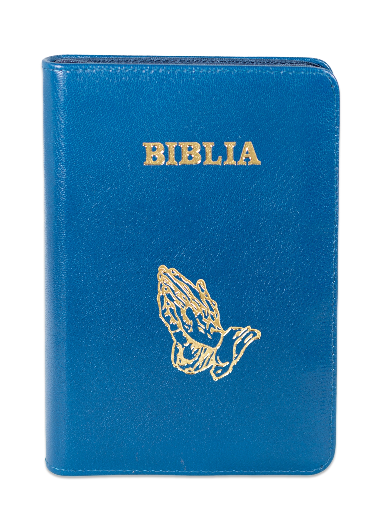 Biblie din piele, marime medie, culoare albastru  inchis, fermoar, maini in rugaciune, margini albe,cuv. lui Isus cu rosu [053]