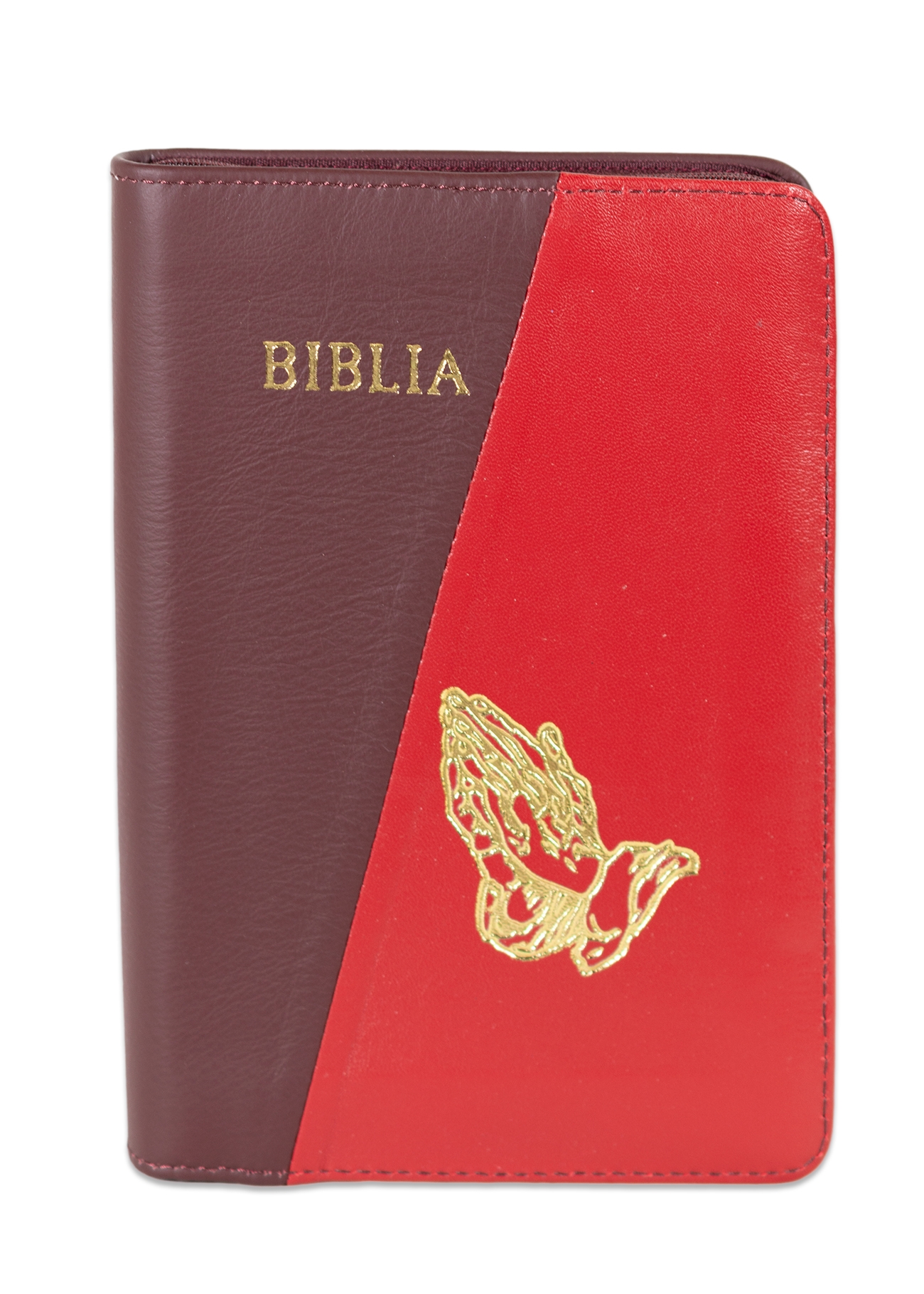 Biblie din piele, marime medie, culoare bordo cu rosu, simbol maini in rugaciune, fermoar, index, margini aurii, cuv. lui Isus cu rosu [SB 057 PFI]