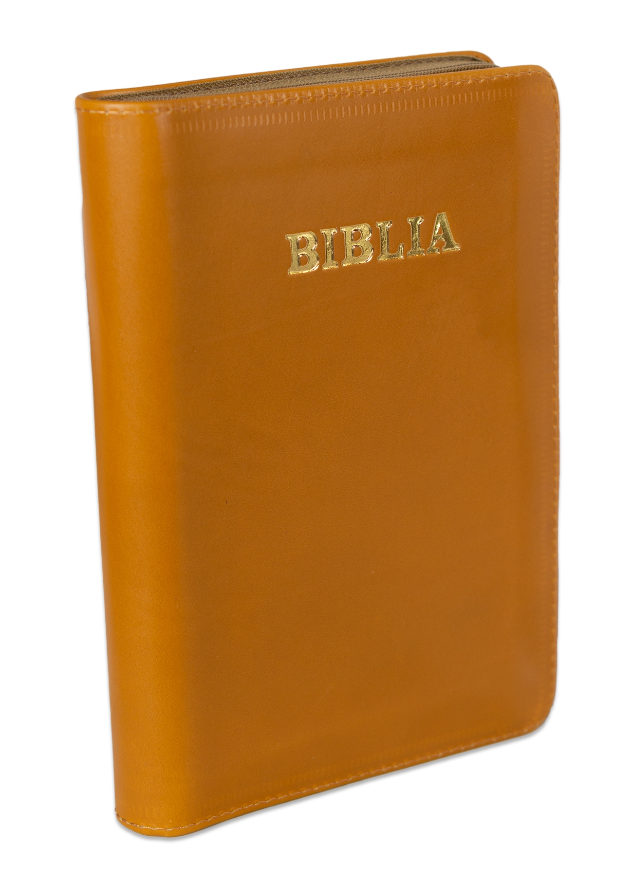 Biblie din piele, marime medie, culoare maro deschis, fermoar, margini albe,cuv. lui Isus cu rosu [053]