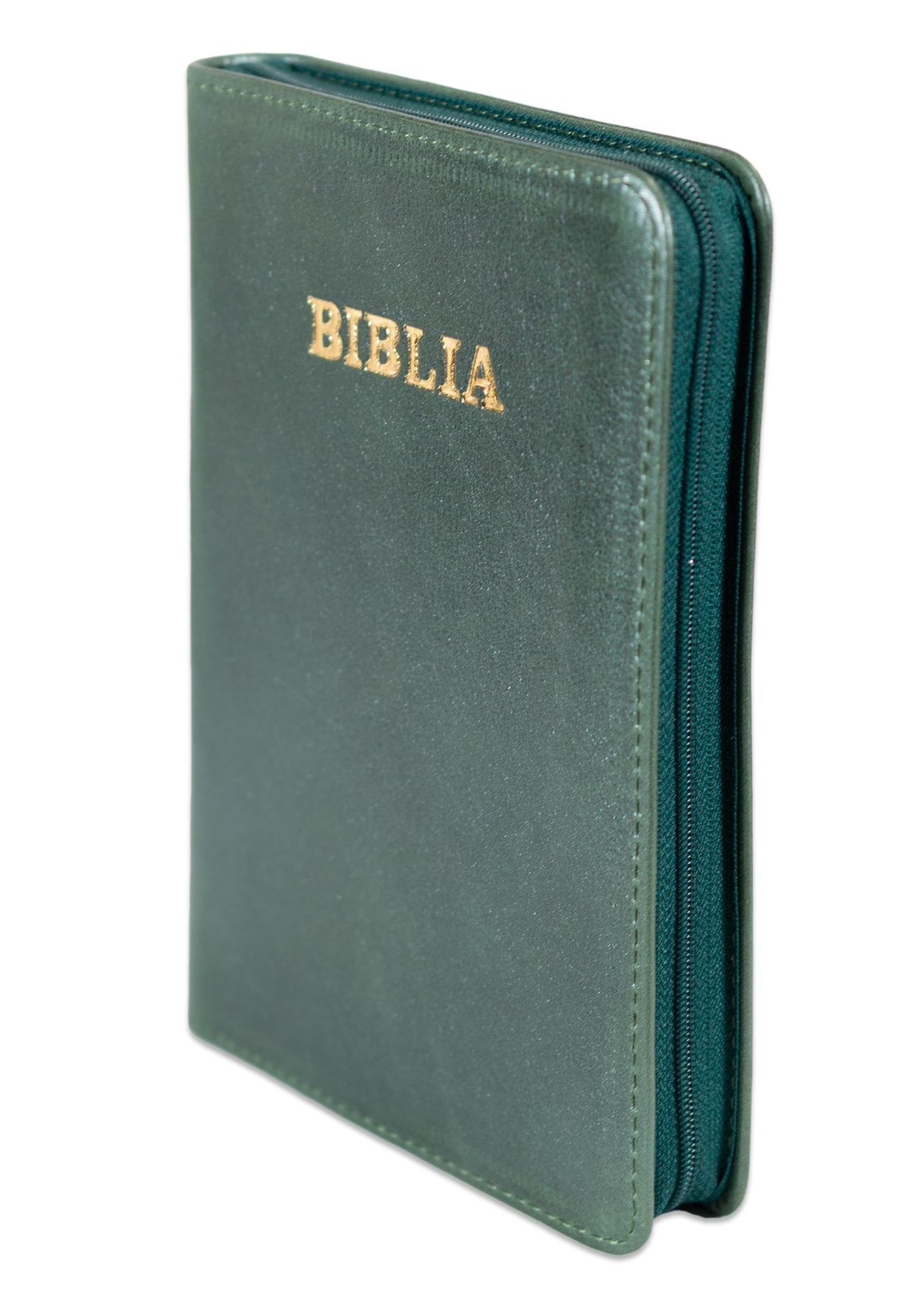 Biblia din piele, marime medie, culoare, verde închis, fermoar, margini aurii, cuv. lui Isus cu rosu [052]