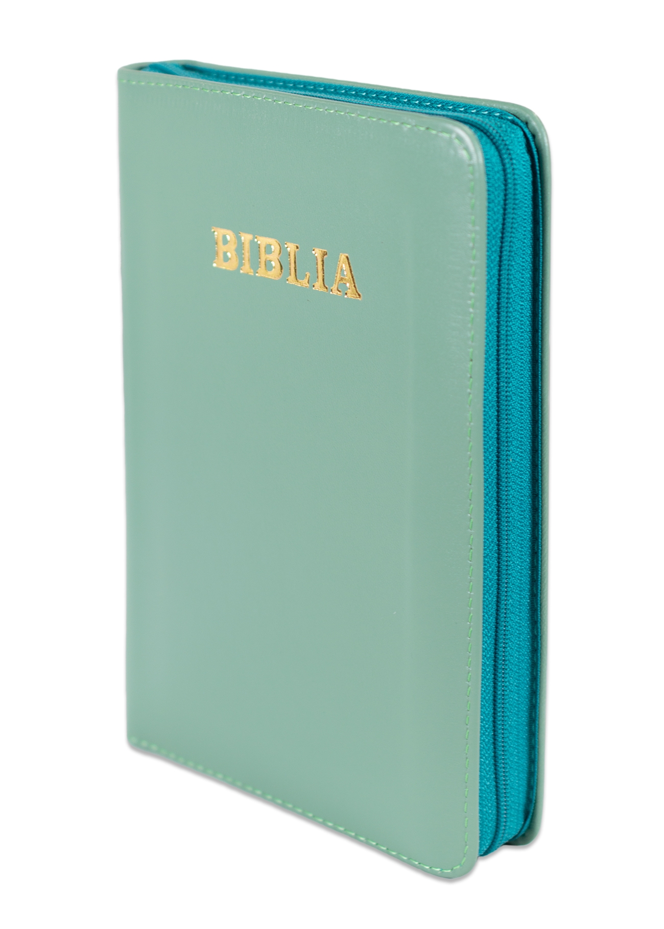 Biblie din piele, marime medie, culoare verde mint, fermoar, margini albe,cuv. lui Isus cu rosu [053]
