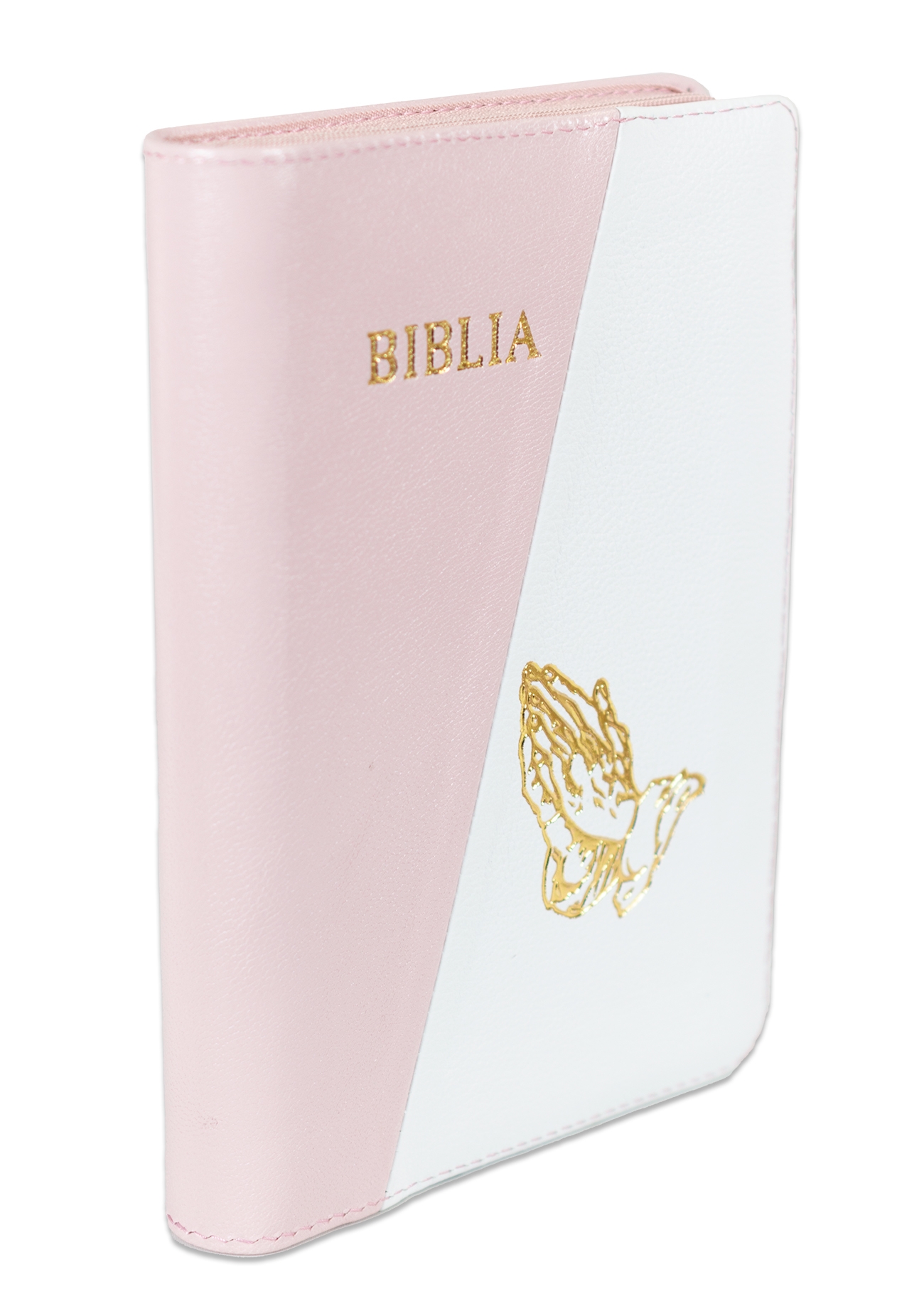 Biblie din piele, marime medie, culoare roz pal cu alb, fermoar, maini in rugaciune, margini albe,cuv. lui Isus cu rosu [053]