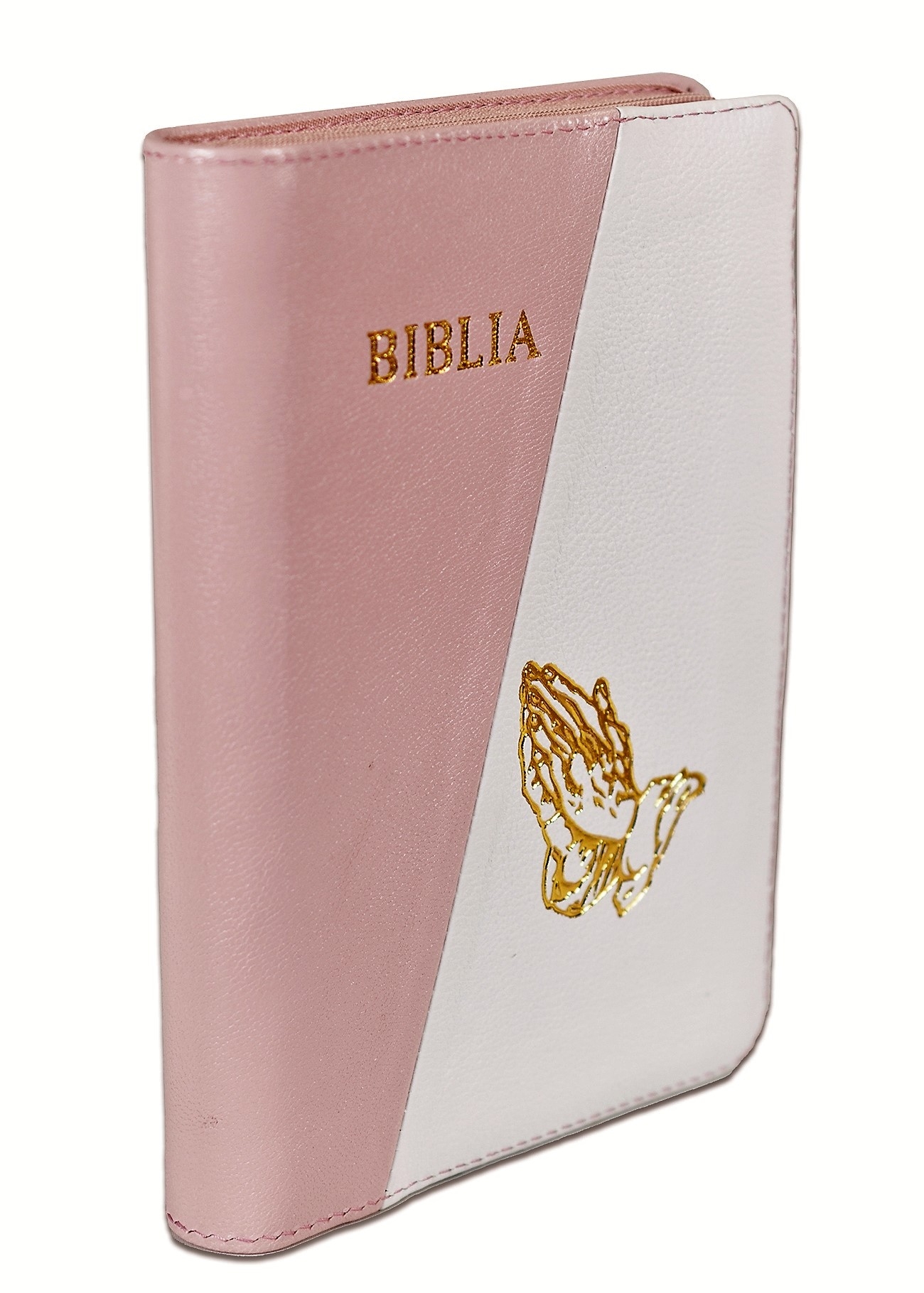 Biblie din piele, marime medie, roz pal cu alb, fermoar, margini albe, simbol maini in rugaciune, cuv. lui Isus cu rosu [053]