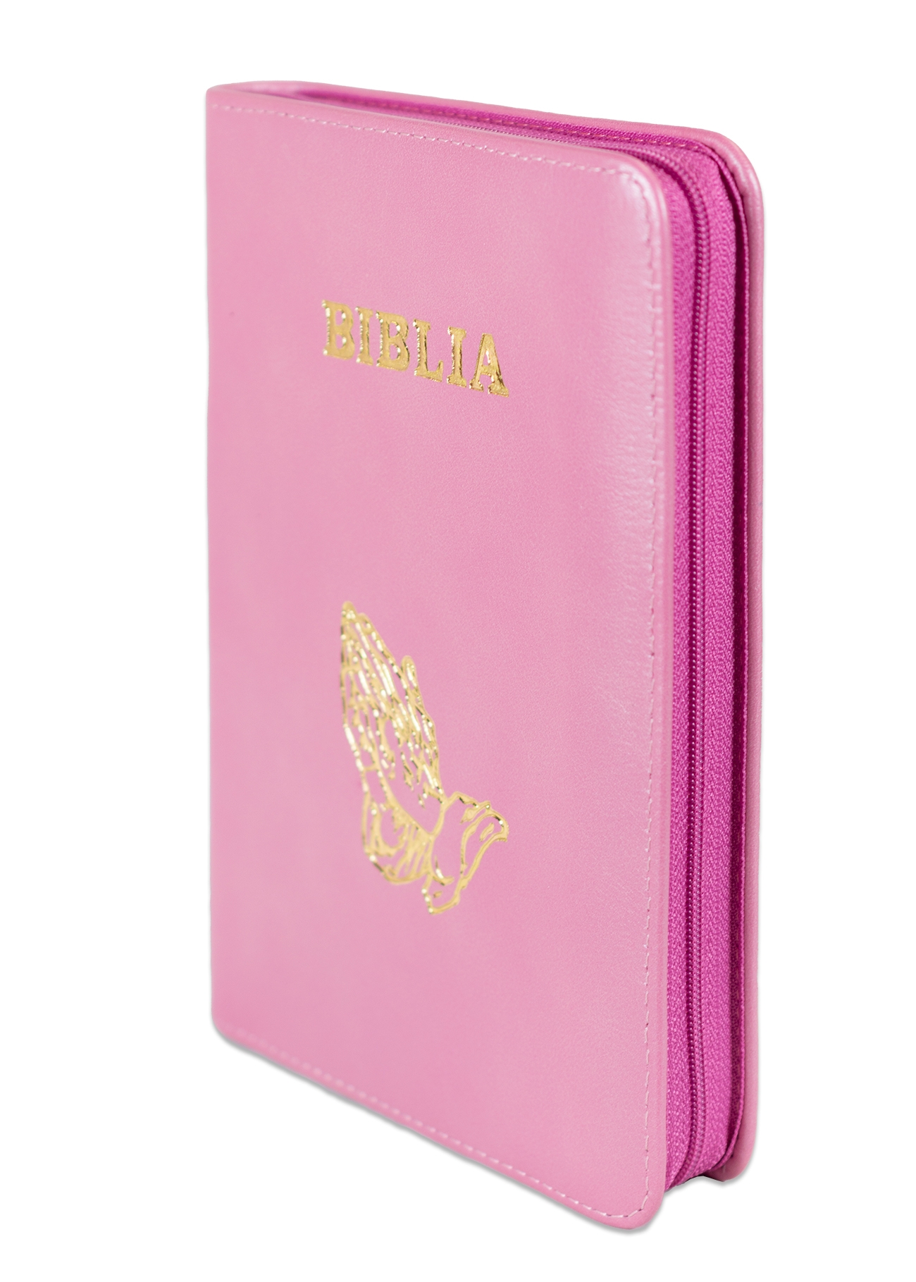 Biblie din piele, marime medie, culoare roz, fermoar, maini in rugaciune, margini albe,cuv. lui Isus cu rosu [053]