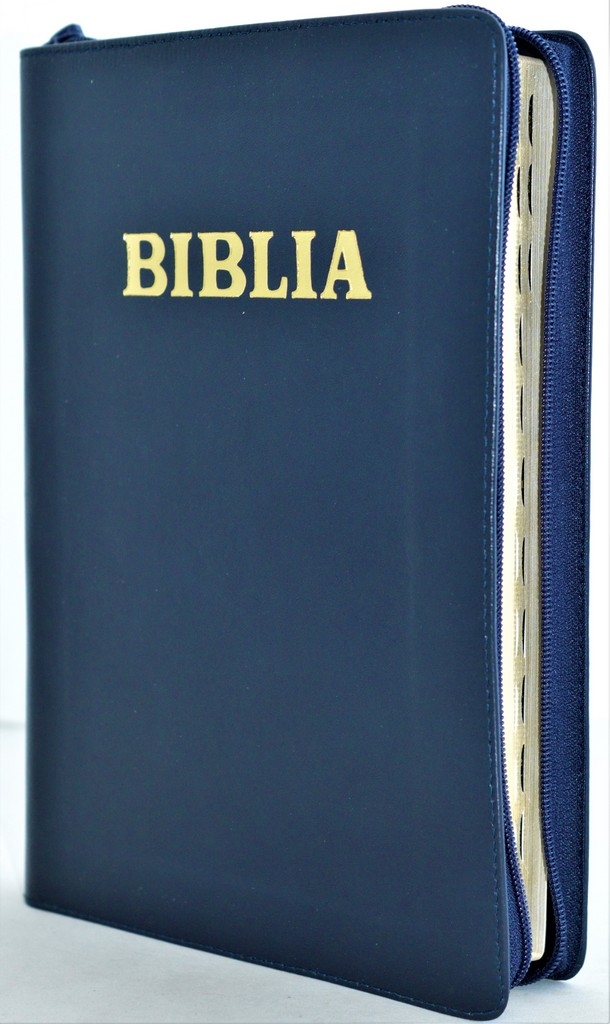 Biblia cu concordanta, foarte mare, scris foarte mare, piele, bleumarin inchis, fermoar, index, simbol - simpla, cuv. lui Isus in rosu [083 PFI]