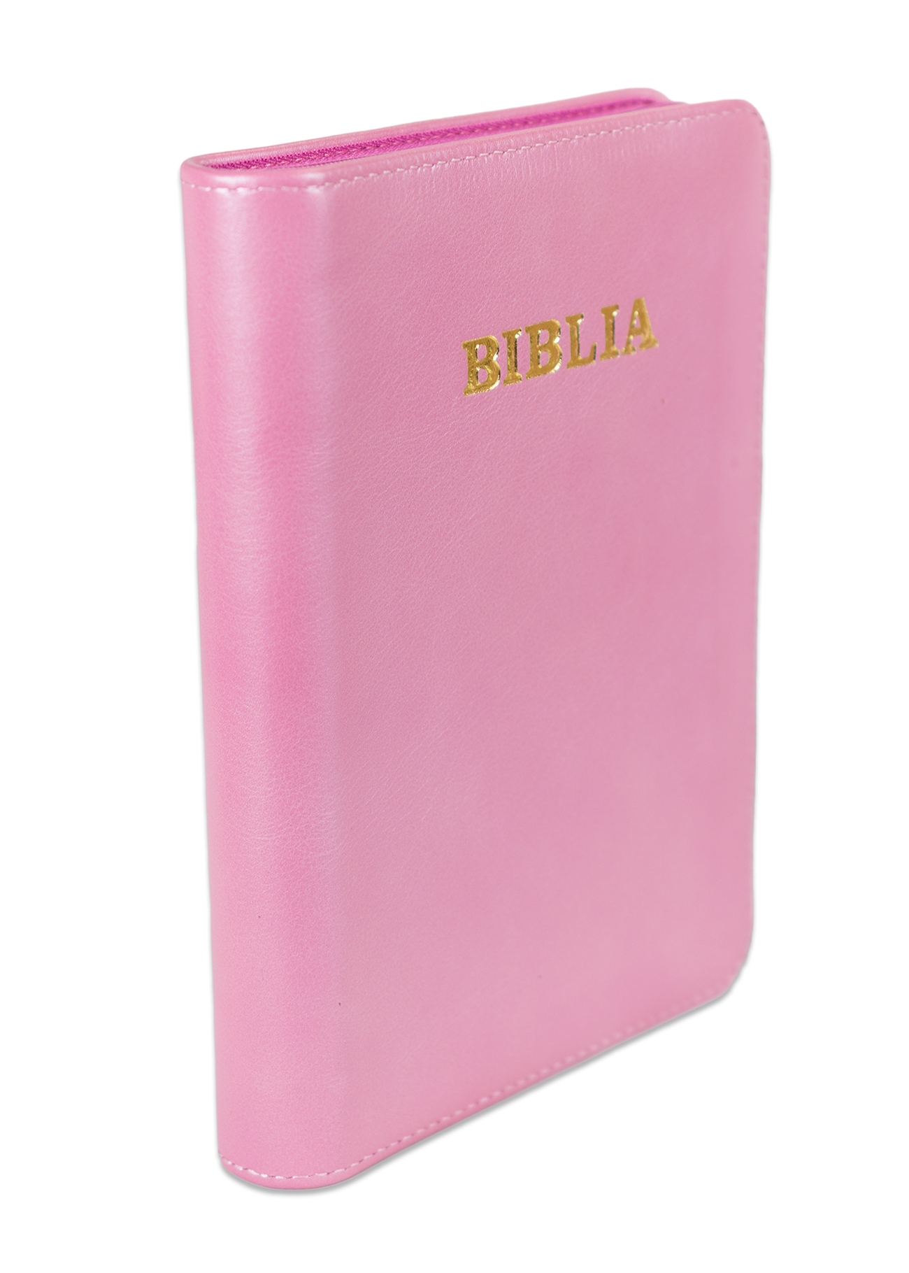 Biblie din piele, marime medie, culoare roz, fermoar, margini albe,cuv. lui Isus cu rosu [053]