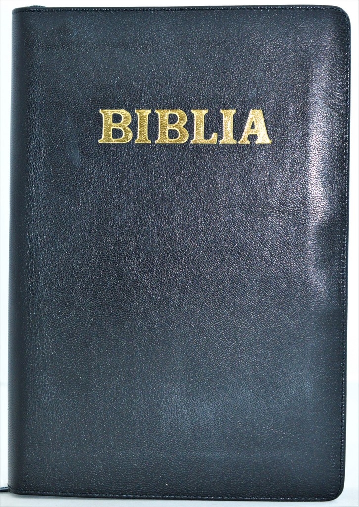 Biblia cu concordanta, foarte mare, scris mare, piele, neagra, fermoar, margini aurii, cuv. lui Isus in rosu [083 PF]