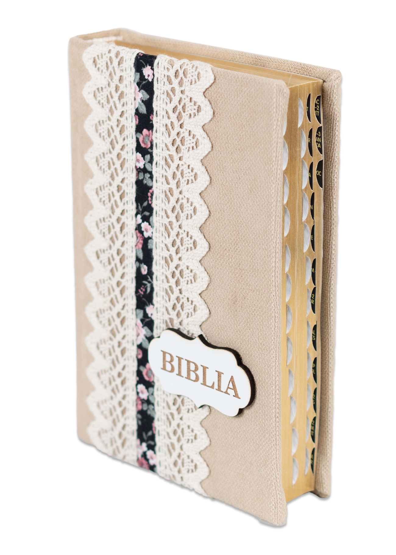 Biblia handmade, model 34, marime medie, coperta tare textila, margini aurii, index, cuv. lui Isus cu rosu [SI 057 HM]