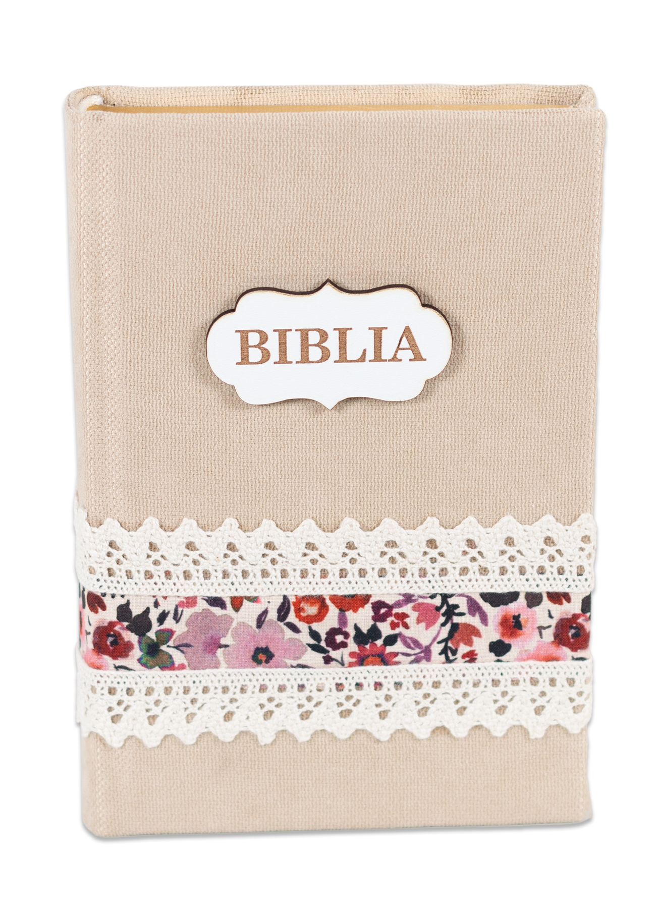 Biblia handmade, model 35, marime medie, coperta tare textila, margini aurii, index, cuv. lui Isus cu rosu [SI 057 HM]