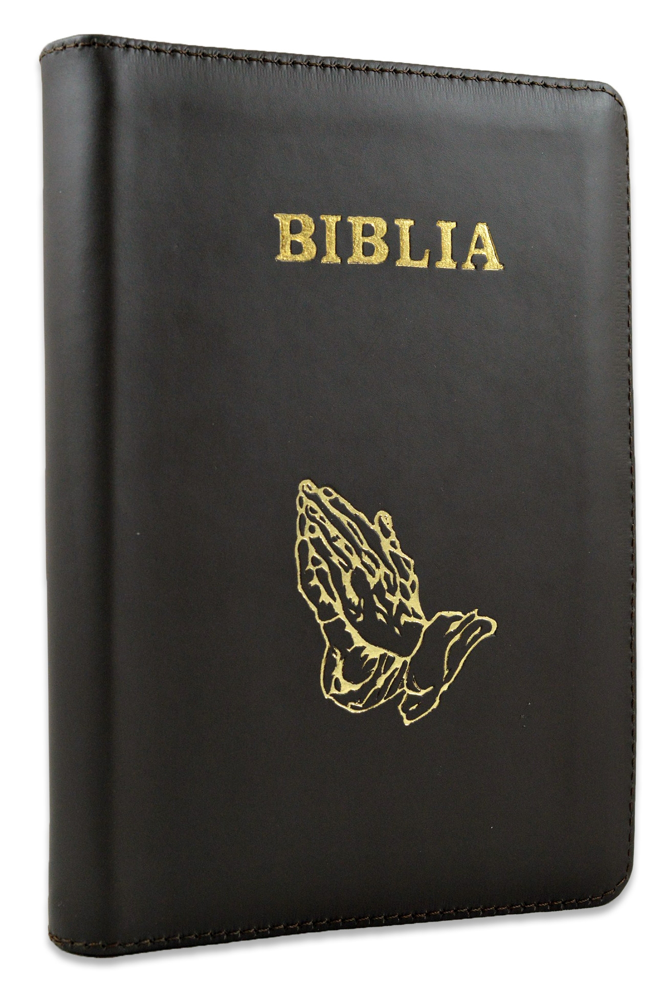 Biblia din piele, marime medie, maro inchis, fermoar, simbol maini in rugaciune, cuv. lui Isus cu rosu [053]