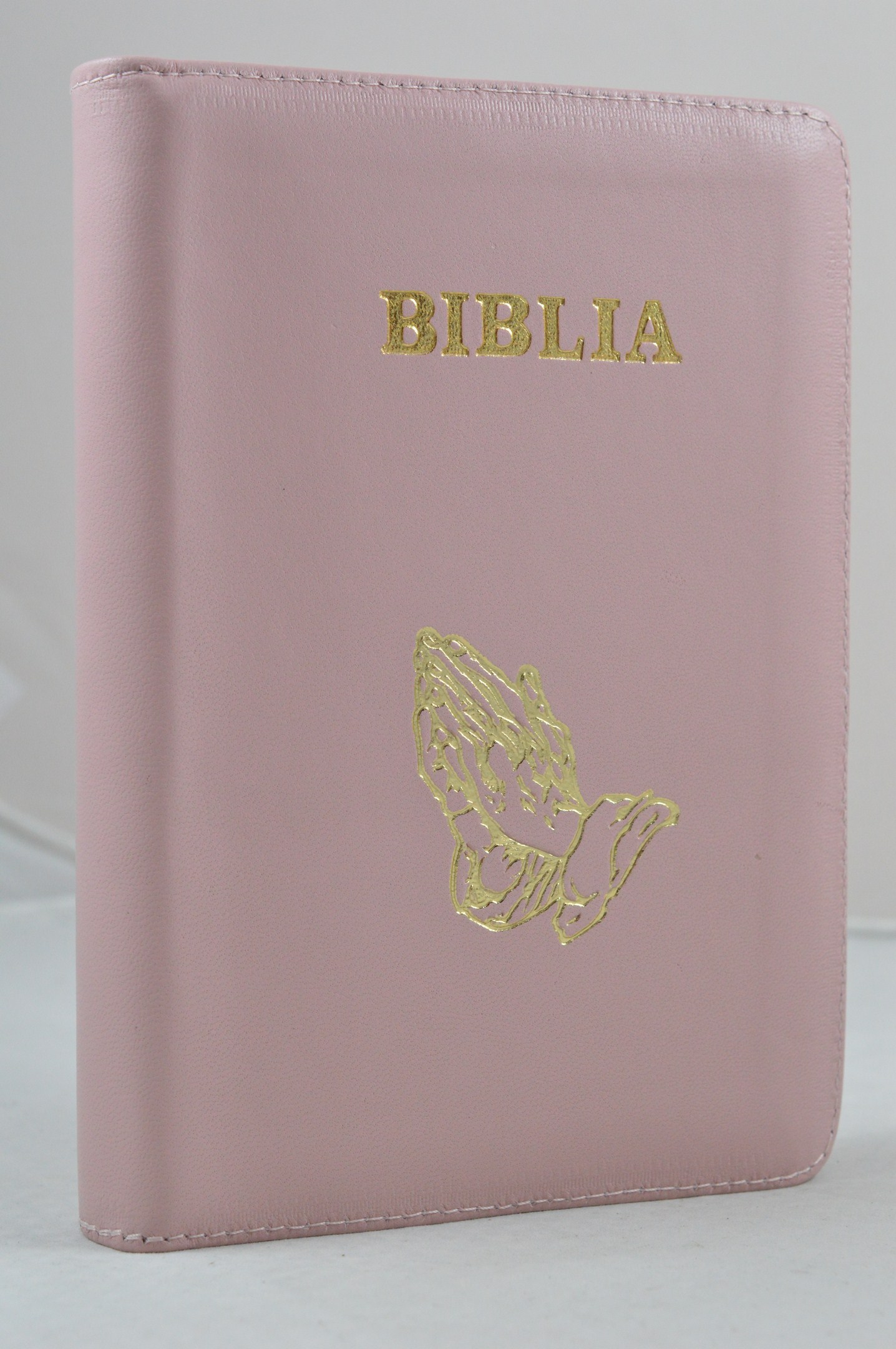 Biblia din piele, marime medie,  roz pal , fermoar, simbol maini in ruga, cuv. lui Isus cu rosu [053]
