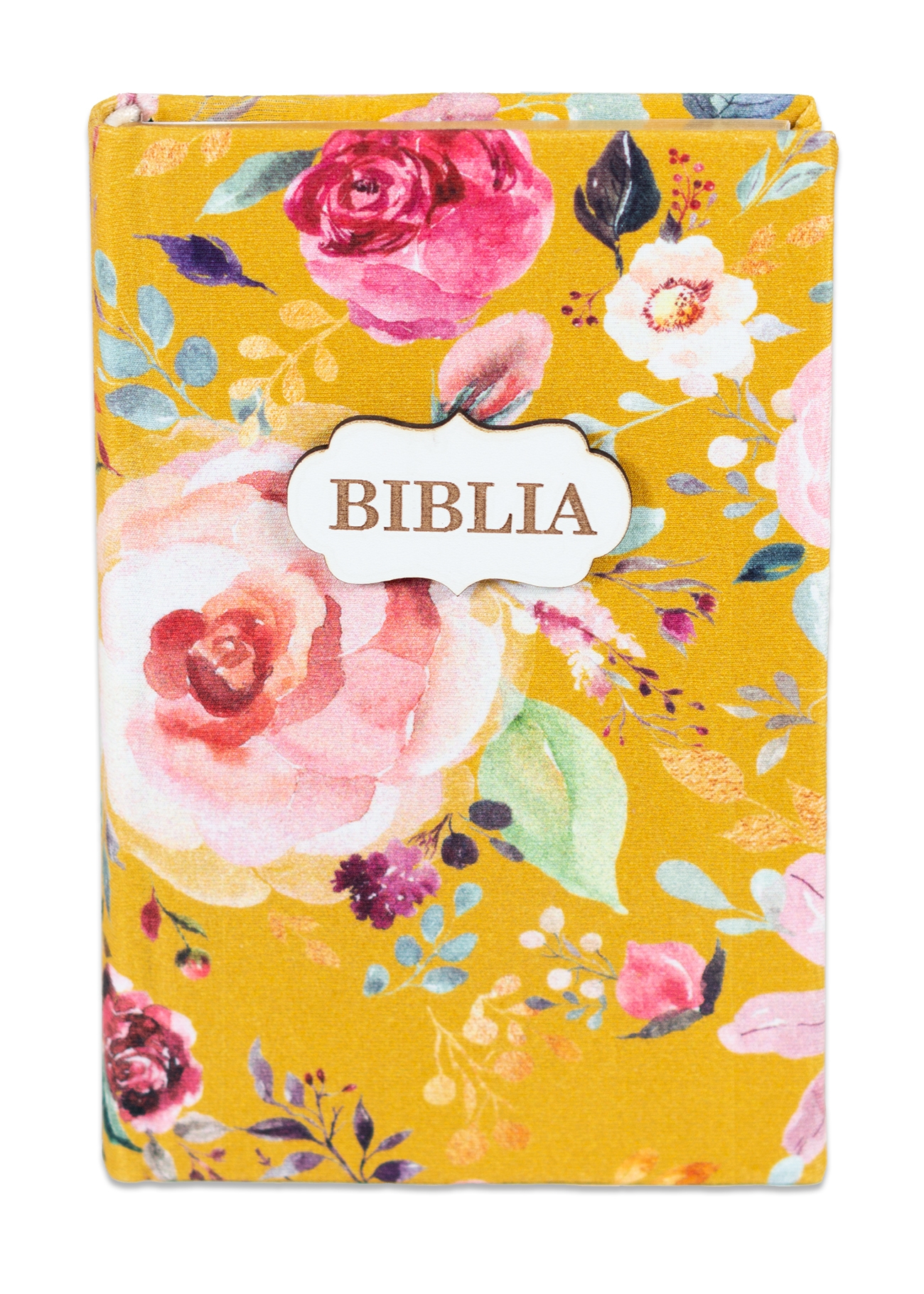 Biblia handmade, model 43, marime medie, coperta tare textila, margini aurii, index, cuv. lui Isus cu rosu [SI 057 HM]