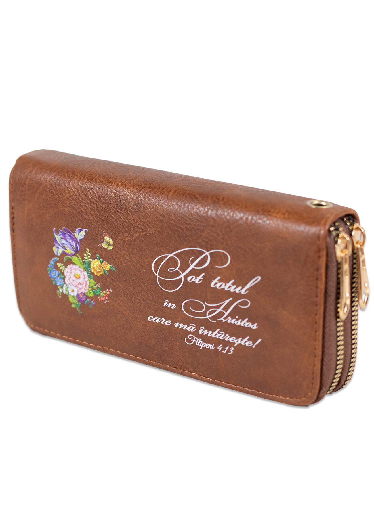 Portofel damă, 2 fermoare, maro inchis, cu imprimeu "Pot totul in Hristos care ma intareste ! " Portofel damă, 2 fermoare, maro inchis, cu imprimeu "Pot totul in Hristos care ma intareste ! "