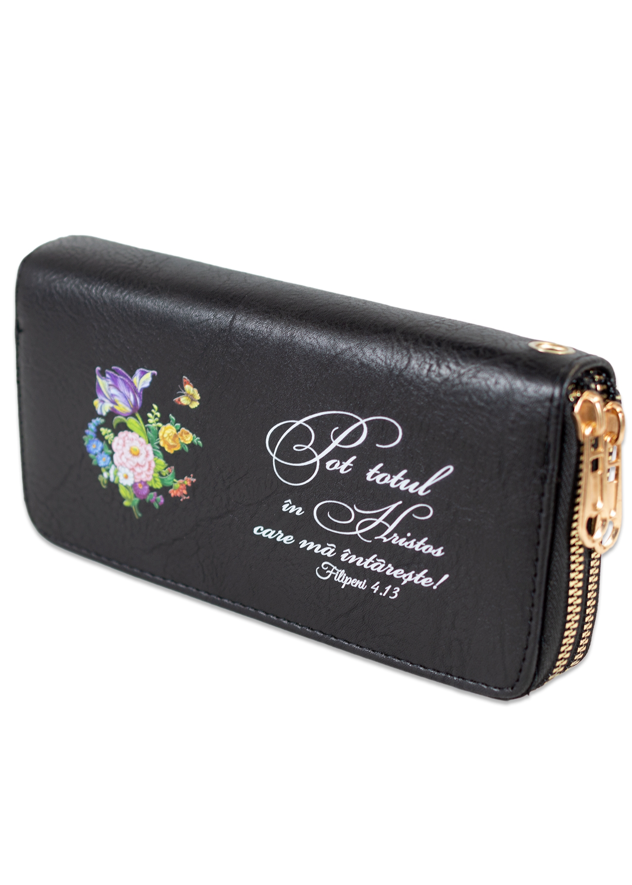 Portofel damă, 2 fermoare, negru, cu imprimeu "Pot totul in Hristos care ma intareste ! " Portofel damă, 2 fermoare, negru, cu imprimeu "Pot totul in Hristos care ma intareste ! "